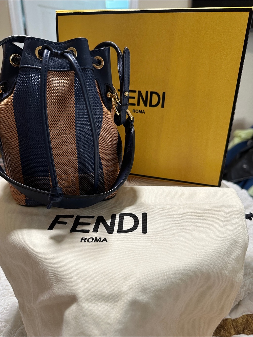 Fendi Navy and Tan Mini Bucket Bag